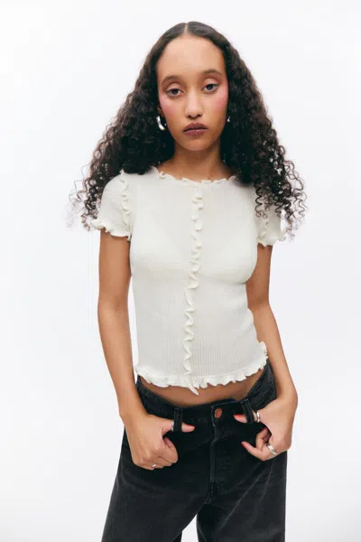 Monki Frill-edge Ribbed Knitted Top In White