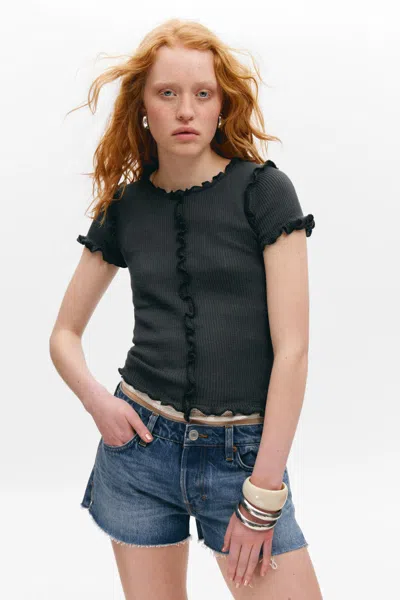 Monki Frill-edge Ribbed Knitted Top In Black