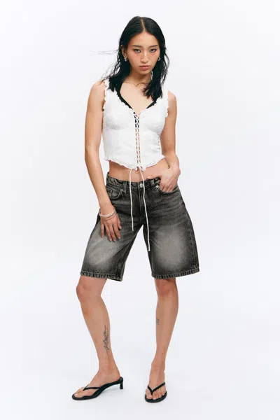 Monki Imoo Low-rise Wide Leg Denim Shorts In Black