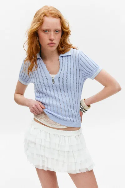 Monki Knitted Short-sleeved Cotton Polo Top In Blue