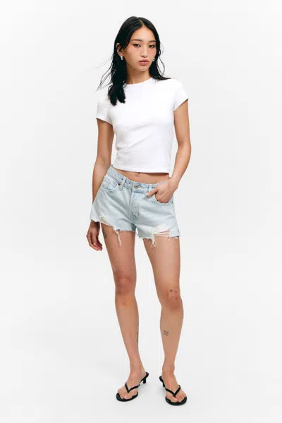 Monki Low Rise Raw Hem Mini Denim Shorts