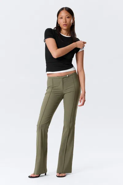 Monki Low Rise Skinny Flared Leg Trousers In Green
