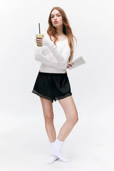 Monki Mini Lace Satin Shorts In Black