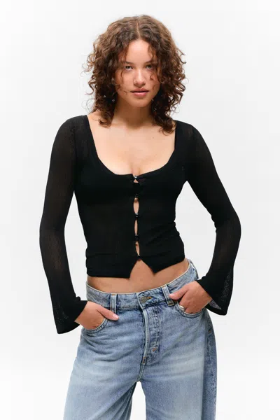 Monki Open Knit Buttoned Cardigan In Black