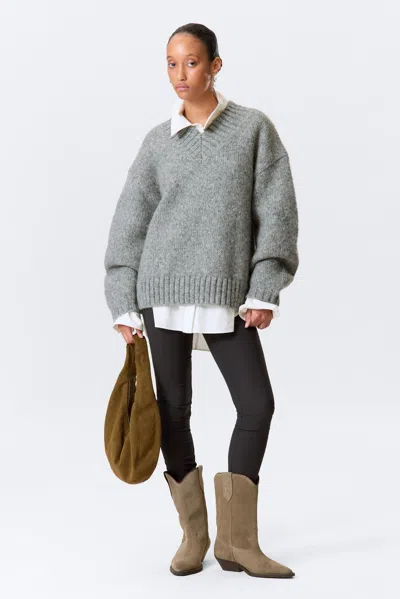 Monki Oversized Knitted V-neck Sweater In Gray