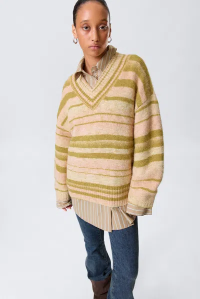 Monki Oversized Knitted V-neck Sweater In Yellow