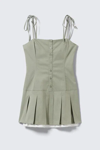 Monki Pleated Tie-strap Mini Twill Dress