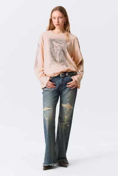 Monki Printed Long-sleeved Cotton T-shirt In Pink