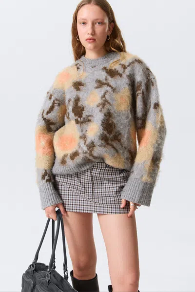 Monki Relaxed Brushed Jacquard Knit Sweater In Gray