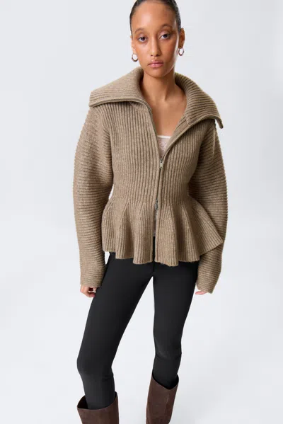 Monki Rib Knit Peplum Zip Sweater In Sand