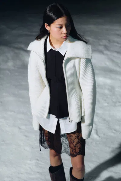 Monki Rib Knit Peplum Zip Sweater In White