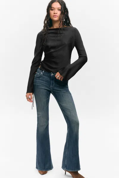 Monki Ruched Boat-neck Trumpet Sleeve Top