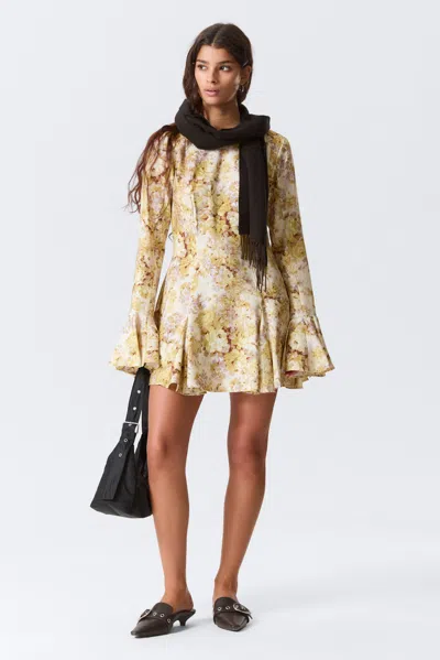 Monki Slim Long-sleeved Mini Flounce Dress In Yellow