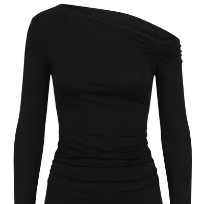 Monlicia Women's Asymmetric Off-shoulder Long Sleeve Stretch Lune Top - Black