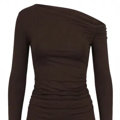 Monlicia Women's Asymmetric Off-shoulder Long Sleeve Stretch Lune Top - Brown