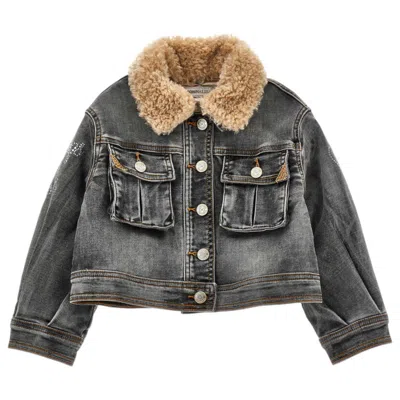 Monnalisa Kids'   Plush Collar Denim Jacket In Black