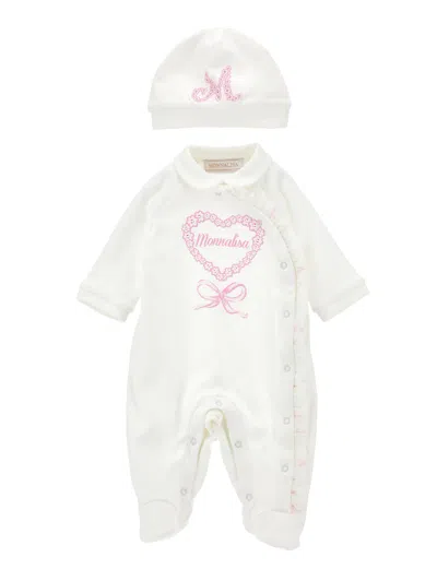 Monnalisa Kids'   2-piece Embroidered Set In Cream + Pink