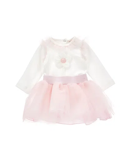Monnalisa Kids'   2-piece Set With Tulle And Appliqué Flower In Cream + Pink