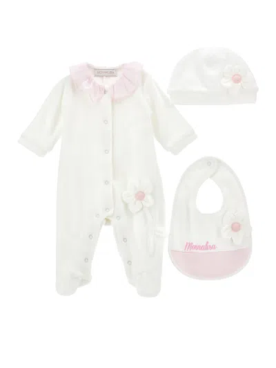 Monnalisa Kids' All-in-one, Hat And Bib Set (1-9 Months) In Cream + Pink