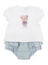 MONNALISA LIGHT BLUE AND WHITE T-SHIRT AND CULOTTES SET IN COTTON BABY