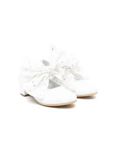 Monnalisa Kids' 35mm Bow Leather Ballerina Shoes In White