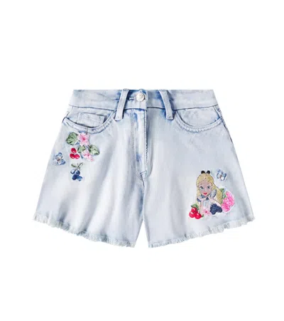 Monnalisa Kids' Alice Distressed Patch-appliqué Denim Shorts In Blue