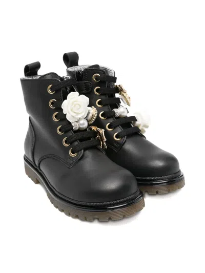 Monnalisa Kids' Amphibian Lace-up Flower-embellished Boots In Black