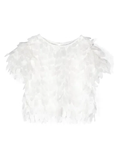 Monnalisa Kids' White T-shirt With All-over Fringes In Fabric Girl