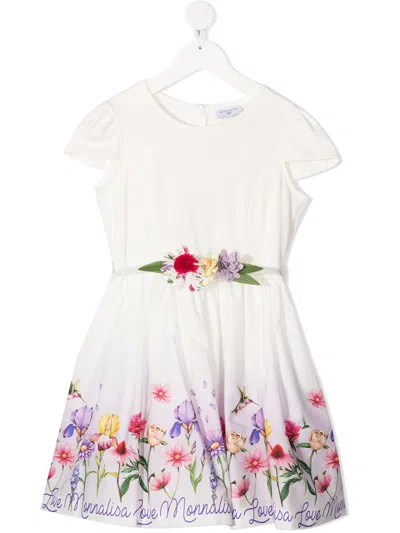 Monnalisa Kids' Appliqué Detail Floral Print Dress In Cream