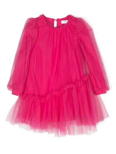 Monnalisa Kids' Asymmetric Tulle Midi Dress In Pink