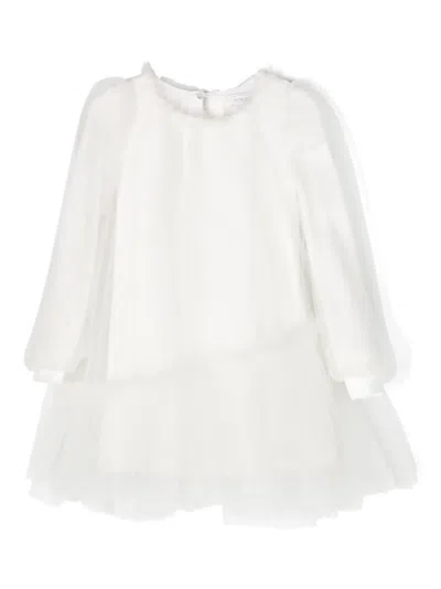 Monnalisa Kids' Asymmetric Tulle Midi Dress In White