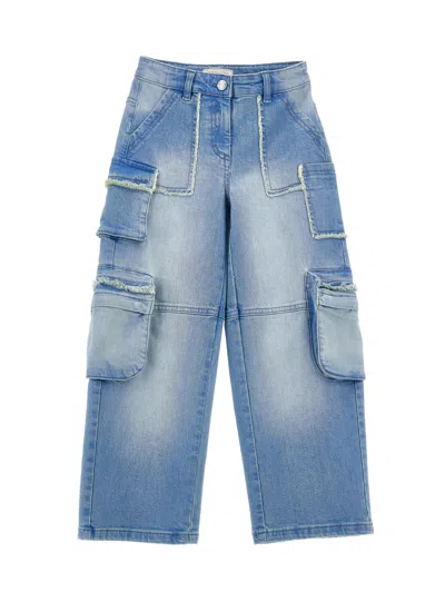 Monnalisa Kids'   Frayed Cargo Denim Jeans In Stone Bleach