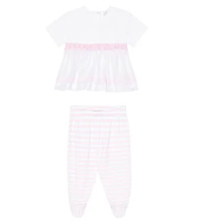 Monnalisa Baby Cotton Dress And Pants Set In Bianco+rosa Fairytale