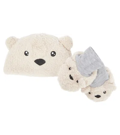 Monnalisa Baby Faux Shearling Hat And Booties Set In Beige