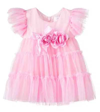 Monnalisa Baby Floral-appliqué Tulle Dress In Pink