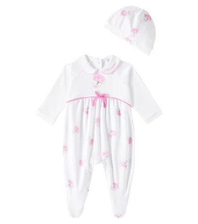 Monnalisa Baby Floral Cotton Jersey Onesie And Hat Set In White
