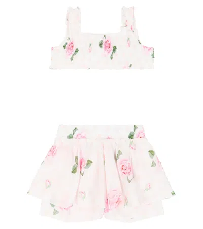 Monnalisa Baby Floral Cotton Top And Shorts Set In Bianco+rosa Fairytale