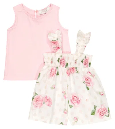 Monnalisa Baby Floral Top And Playsuit Set In Bianco+rosa Fairytale