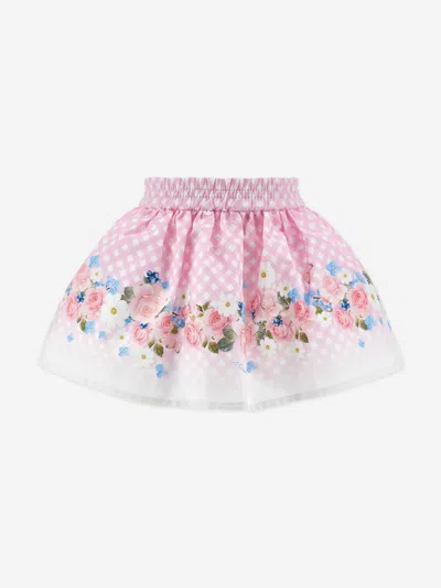 Monnalisa Kids' Gingham Floral-print Skirt In Pink