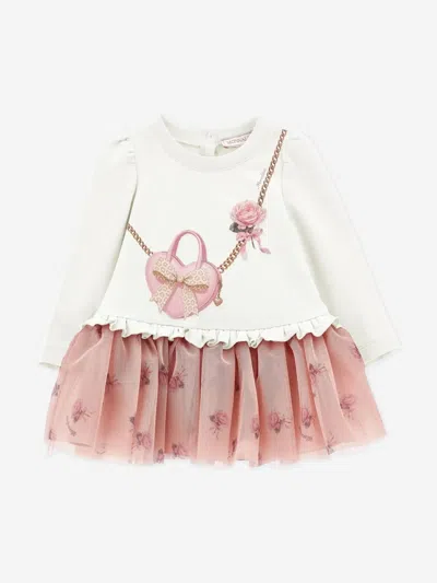 Monnalisa Baby Girls Heart Bag And Rose Print Dress In White