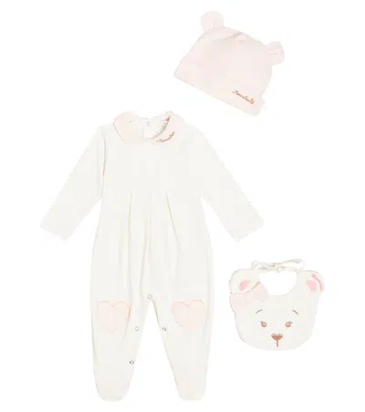 Monnalisa Baby Onesie, Bib, And Beanie Set In White