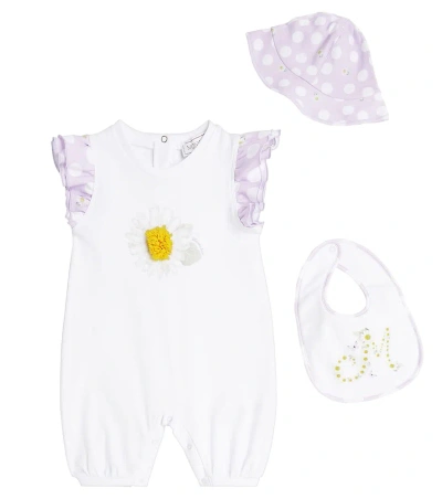 Monnalisa Baby Onesie, Bib, And Bucket Hat Set In Bianco+glicine