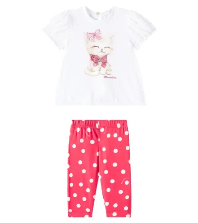 Monnalisa Baby Polka-dot Jersey Shirt And Pants Set In Rosso+bianco