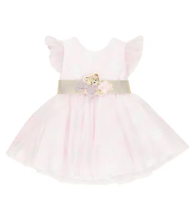 Monnalisa Polka-dot Tulle Dress In Rosa+bianco