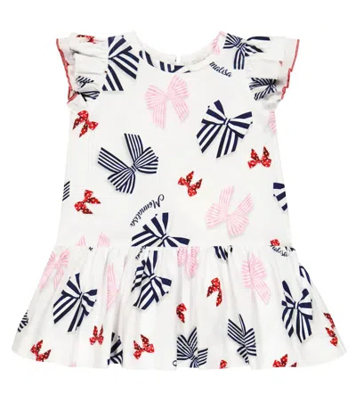 Monnalisa Baby Printed Cotton Jersey Dress In Bianco+blu