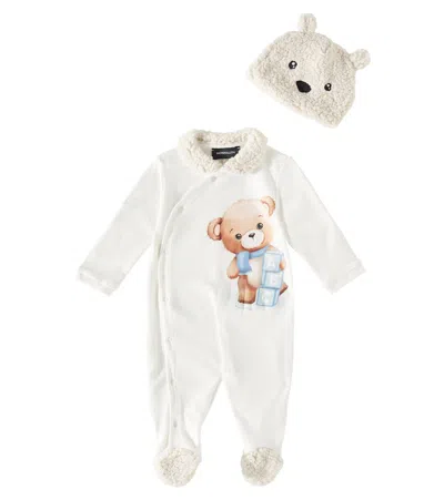 Monnalisa Baby Printed Cotton Onesie And Hat Set In White