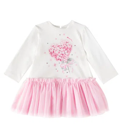 Monnalisa Baby Printed Tulle-trimmed Cotton-blend Dress In White