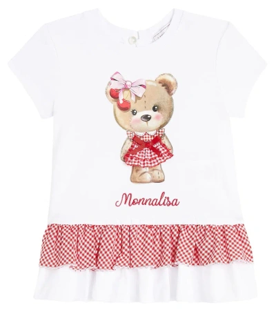 Monnalisa Baby Ruffled Printed Cotton T-shirt In Bianco+rosafairytale