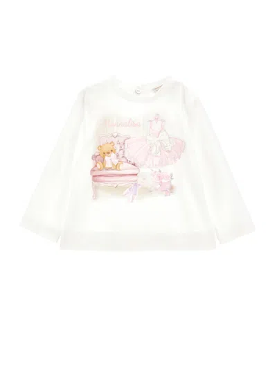 Monnalisa Kids'   Ballet Print Cotton T-shirt In Cream