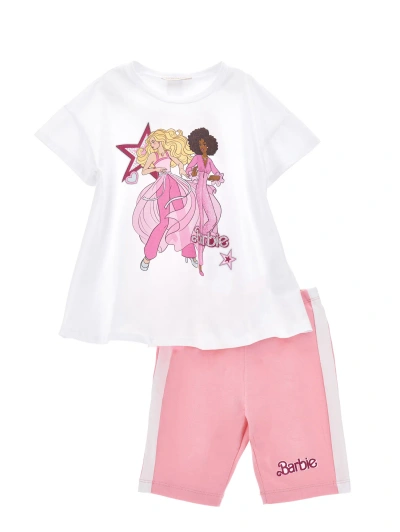 Monnalisa Kids'   Barbie Maxi T-shirt And Cycling Shorts Set In White + Fuchsia